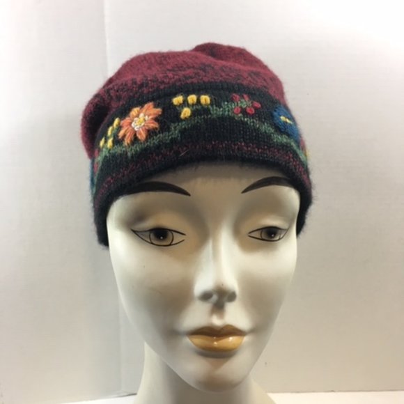 NWT Alpaca Embroidered Leaf Hat Burgundy Fleece Lining - Picture 6 of 11